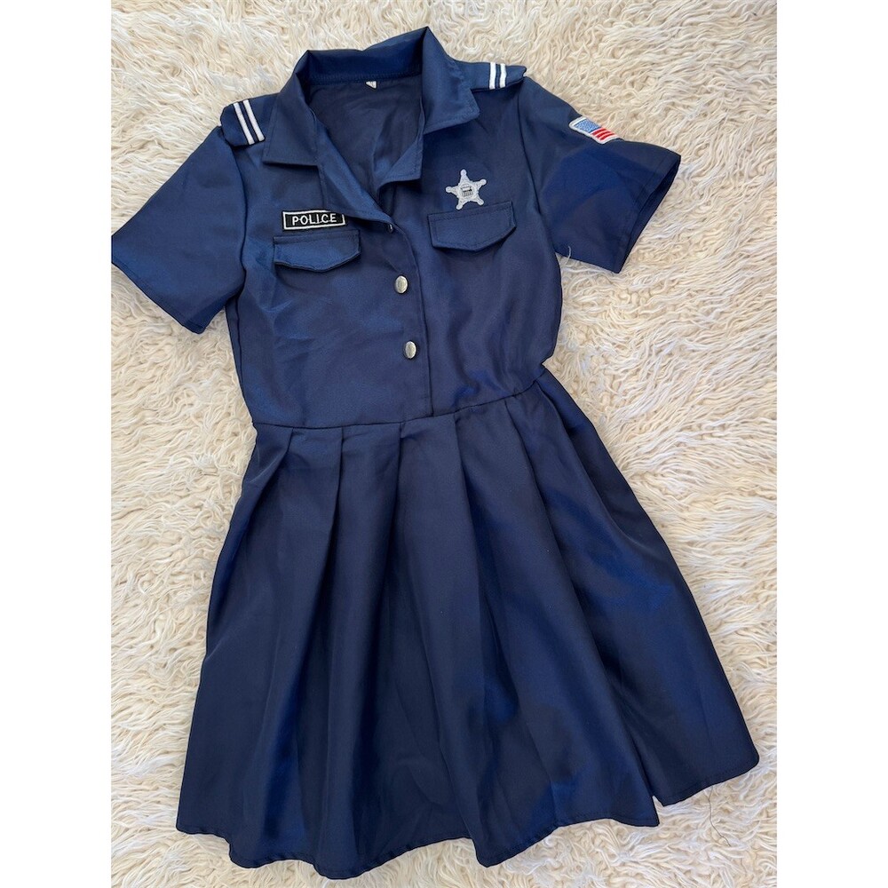 Girls Police Officer Costume Dress XL Navy Blue Knee Length Badge USA Flag
